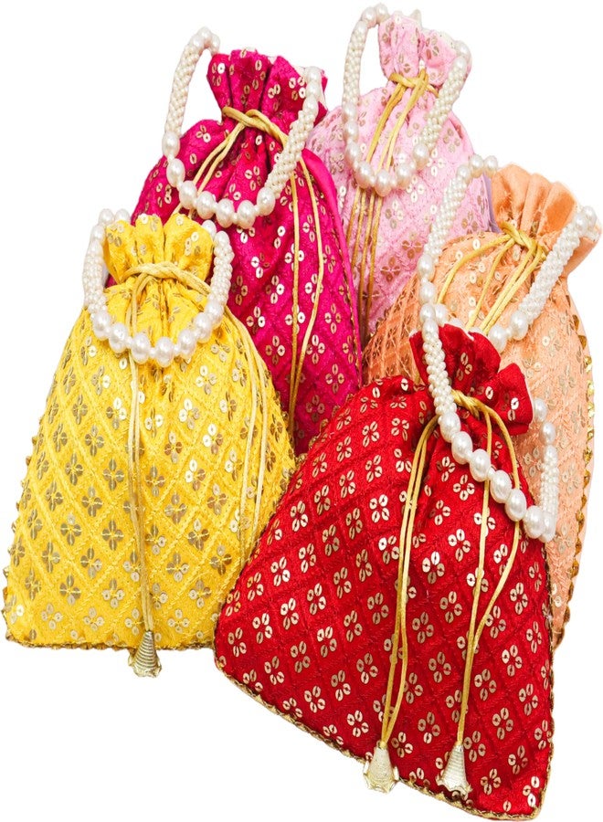 Epics Present Tikki Designed Embellished Potli Bags for Women | Batwa Pouch for Guest Gifting | Traditional Wedding Return Gifts for Haldi-Mehndi, Shagun, Engagement - Multicolour (Pack of 5) - Image 1